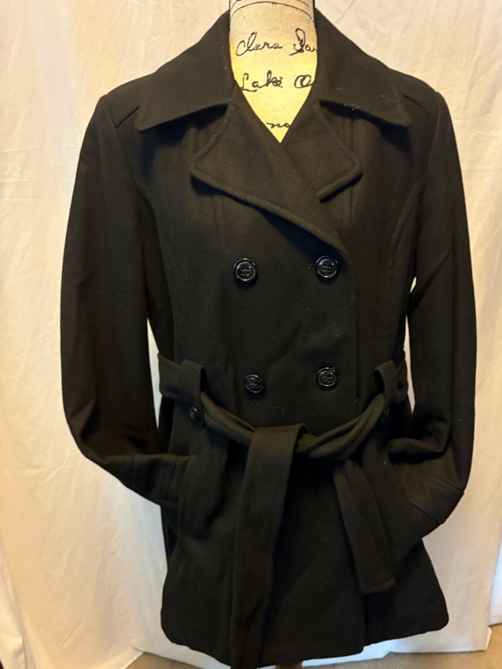 Croft & Barrow Black Double-Breasted Belted Peacoat